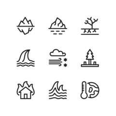 Disaster icon set including glacier, iceberg, drought, tsunami, blizzard, storm, deforestation, fire, global warming.