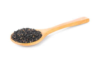 Black sesame seeds in wooden spoon isolated on white background.
