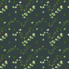 Leaves and branches watercolor illustration. Natural art seamless pattern. Dark background. Print