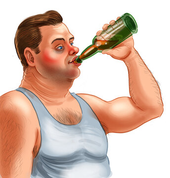 Fat alcoholic man drinking a beer from the bottle. Digital illustration