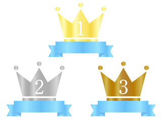 Gold, silver and bronze crowns with ribbon. Vector illustration.