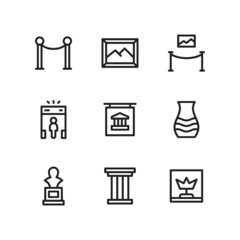 Museum icon set including entrance, painting, art, exhibition, security, amphora, vase, antique, statue, pillar, crown.