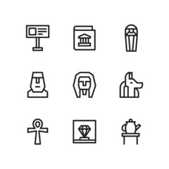 Museum icon set including guidepost, history book, sarcophagus, tomb, moai, statue, sphinx, anubis, ankh, egypt, diamond, porcelain.