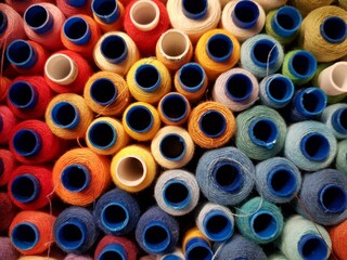 Multi-colored spools of thread lie in a box