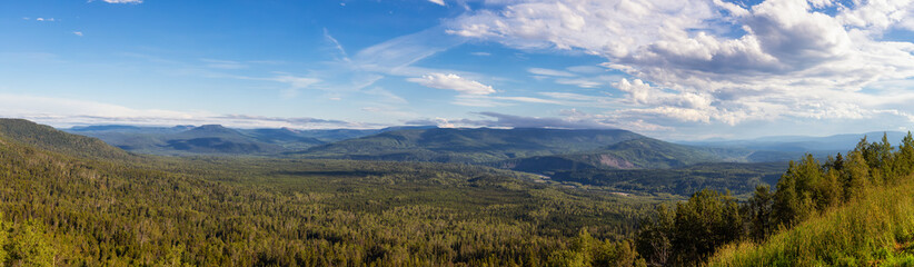 Obraz premium Beautiful Panoramic View of Canadian Nature Landscape during a sunny summer day. Taken in Northern British Columbia, Canada. Nature Background Panorama