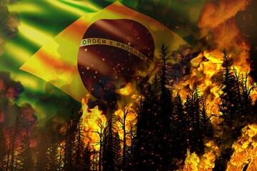 Forest fire natural disaster concept - flaming fire in the trees on Brazil flag background - 3D illustration of nature