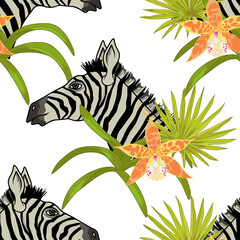 Tropical jungle zebra with flowers, palms, trees, leaves seamless pattern