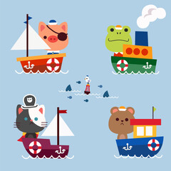 Little Animals Goes To Sail Adventure Ocean Journey Concept Character Vector Illustration