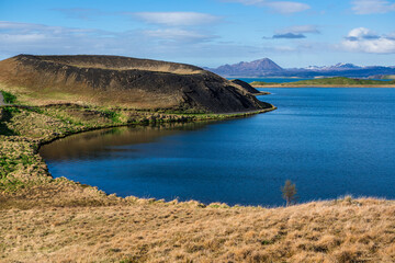 Fototapeta na wymiar The volcanic craters and lake landscape in Myvatn area, in Iceland, during summer time.