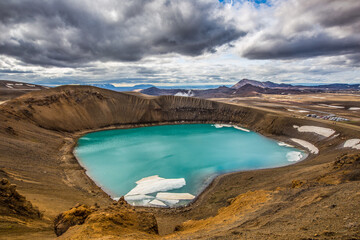 Stora-Viti, a crater lake at Myvatn area, north part of Iceland, on a cloudy day.