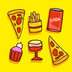 fast food icons set isolated on yellow background, hand drawn vector. modern scribble for kids, wallpaper, sticker, clip art. simple sketch, drawn with pen. colorful doodle art. cartoon style. 