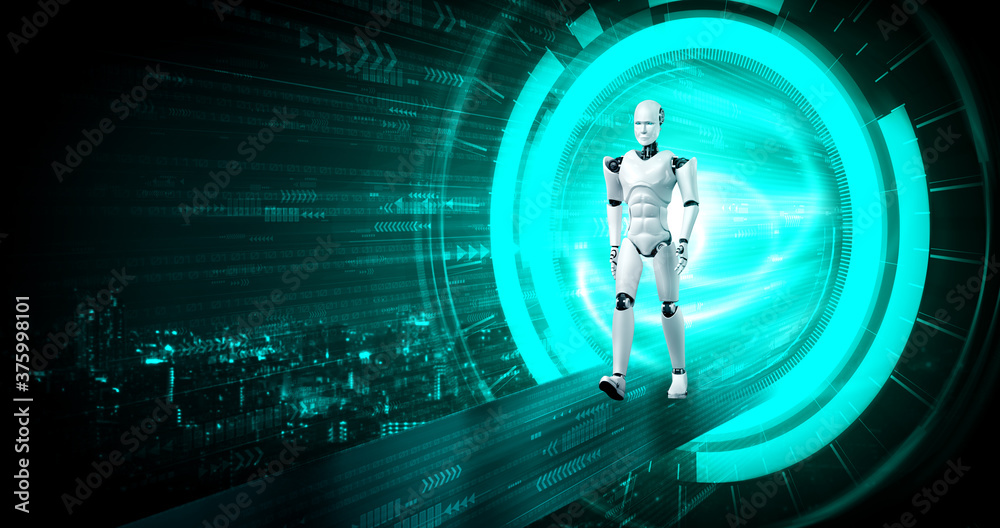 Poster 3d rendering robot humanoid in sci fi fantasy world . concept of ai thinking brain and machine learn