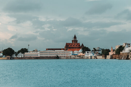 Scenic view of Hamirsar lake with Pragmahal Palace at time of evening. At Bhuj, Gujarat, India
