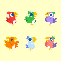 Adorable Cute Expressive Colorful Bird Vector Flat Illustration Set