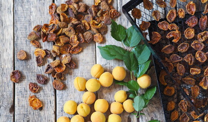 Procurement of dried apricots for future use.Dried apricots in a rack from the dryer with fresh fruits on a wooden natural table.