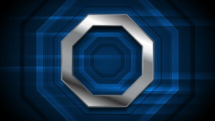 Dark blue technology background with metallic octagon
