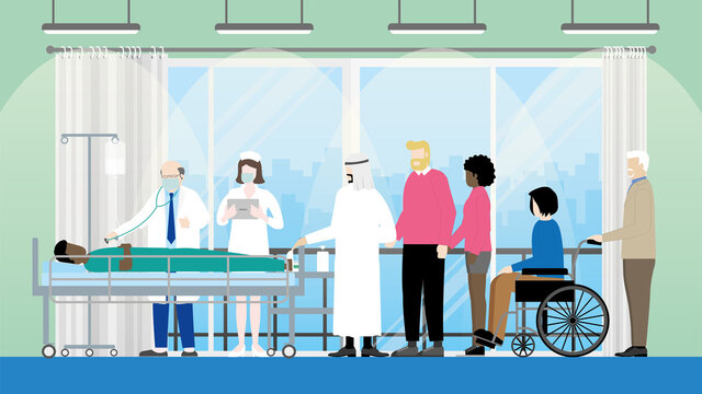 Friendship Concept Of Diversity People In Hospital Room For Visit Sick Black Man Lying In Bed That Doctor And Nurse Stand And Checking His Pulse. LGBT, Muslim, Interracial Couple, Handicapped.