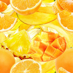 Fototapeta na wymiar Multifruit banana pineapple mango orange watercolor fruit seamless pattern. Background texture. 