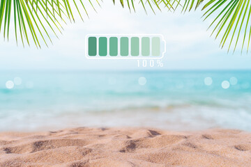 Fully charge battery 100% sign icon on natare summer beach on vacation day. Holiday long weekend...