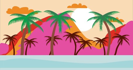 Fototapeta na wymiar Tropical island Cartoon background during summer sunset with palms. Empty beach without people. Flat design