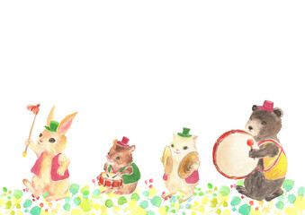 水彩で描いた動物たちの鼓隊のイラスト