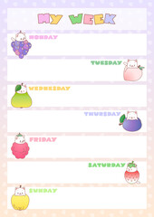 
My week. Weekly planner with cute illustrations of little kittes and fruits. Kawaii school accessory. Vector 10 ESP.