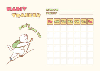 Habit tracker. Cute habit tracker for a month template decorated with a white cat traveller hiking with a backpack in mountains. Vector 8 ESP.