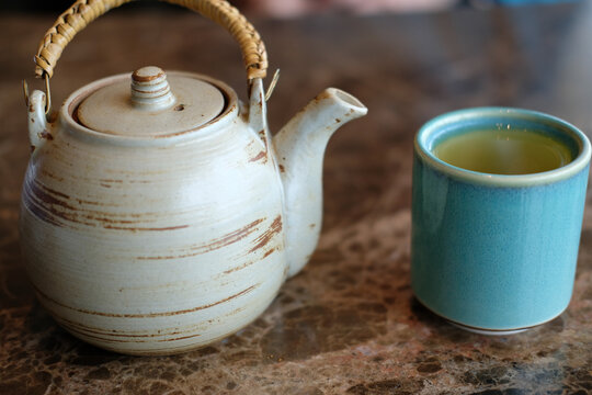 hot matcha green tea in ceramic cup