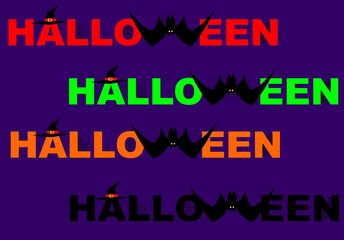 Happy Halloween set text with bat, hat and spider web