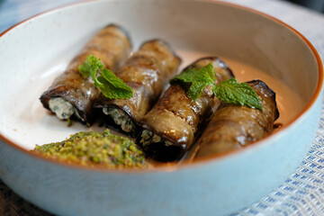 roasted eggplant cannelloni. vegetarian ketogenic appetizer food
