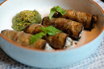 roasted eggplant cannelloni. vegetarian ketogenic appetizer food