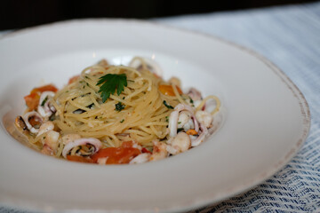 seafood spaghetti. Italian vegetarian appetizer food