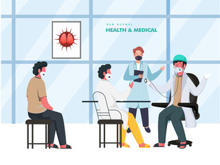Doctor Man Checking Patients from Stethoscope and Wear Medical Masks at Clinic or Hospital for Avoid Coronavirus. New Normal Health & Medical Concept.