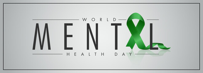 World Mental Health Day Text with Green Ribbon Cross on Grey Background. Header or Banner Design.