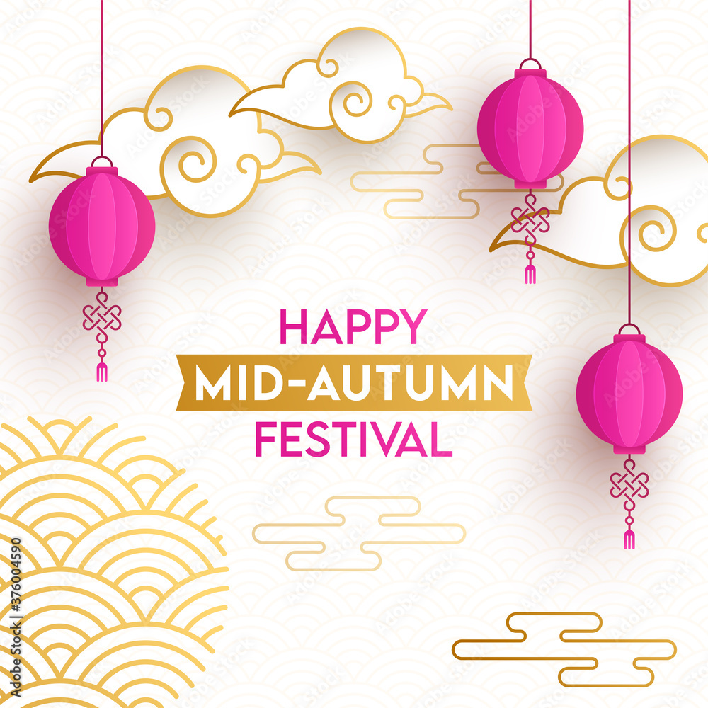 Sticker Happy Mid Autumn Festival Text with Hanging Pink Chinese Lanterns and Paper Cut Clouds on Overlapping Semi Circle Background.