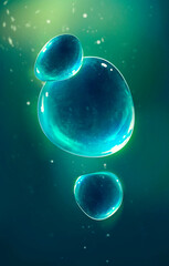 Obraz na płótnie Canvas drawing of three bubbles on a blue-green background with particles