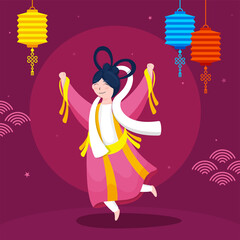 Chinese Goddess (Chang'e) Character in Dancing or Jumping Pose with Hanging Colorful Lanterns on Dark Pink Background.