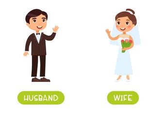 Husband and wife antonyms word card vector template. Opposites concept. Flashcard for english language learning. Man in a suit of a groom and woman in a dress of a bride..
