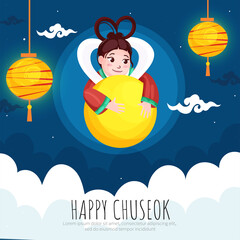 Chinese Goddess of Moon (Chang'e) with Hanging Lanterns and Clouds on Blue Background for Happy Chuseok Celebration.