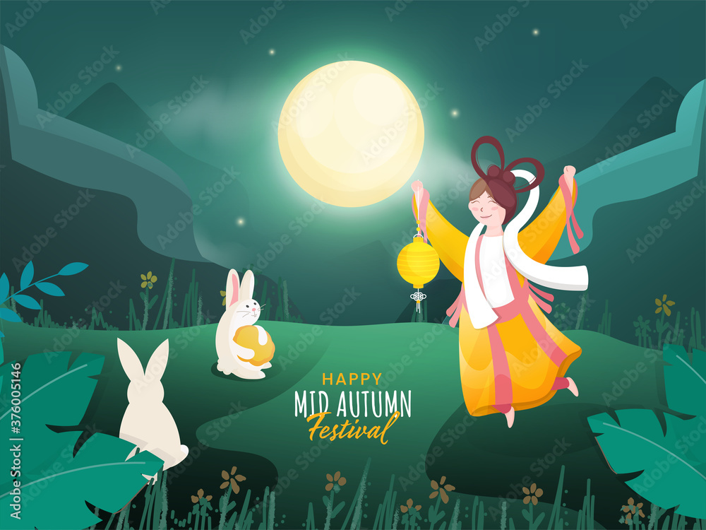 Poster Full Moon Green Nature Background with Cartoon Bunnies, Mooncake and Chinese Goddess (Chang'e) Holding a Lantern for Happy Mid Autumn Festival.