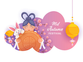 Chinese Girl Holding a Moon Cake with Cartoon Bunny, Sakura Flower Branch and Hanging Lanterns on Paper Cut Gradient Background for Mid Autumn Festival.