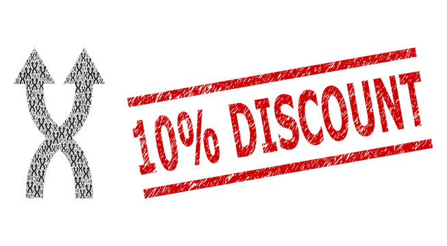 Fractal collage shuffle arrows up and 10% Discount grunge seal. Vector collage is formed from repeating shuffle arrows up icons. Seal includes 10% Discount title between parallel lines.