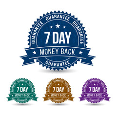 Powerful 7-day money-back guarantee 4 Colored Badge with ribbon isolated on white background.