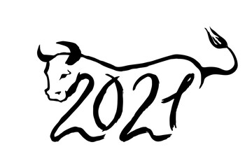 2021 and the silhouette of the top of the bull - handwritten in black ink lettering and traced. Vector grunge lettering with the symbol of 2021 (bull) on the Chinese calendar