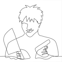 man crossed arms on chest, in them a weapon (pistol and a knife for chopping meat), on face an insane wide smile and on his head a disheveled hairstyle. One continuous line drawing, for animation