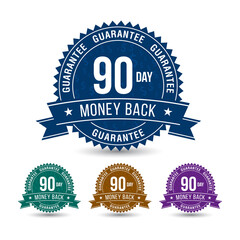 Powerful 90-day money-back guarantee 4 Colored Badge with ribbon isolated on white background.