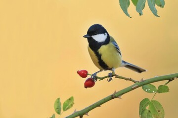 Great tit sittingon on the twig. Wildlife scene from nature. Song bird in the winter. Parus major.