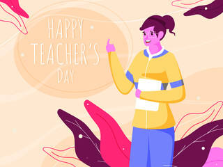 Cheerful Young Woman Teacher Showing Finger Point and Leaves on Pastel Peach Background for Happy Teacher's Day Celebration.