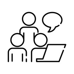 teamworkers with speech bubble and laptop coworking line style icon