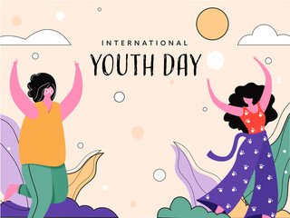 Cartoon Young Girls in Dancing Poses with Leaves on Sun Pastel Peach Background for International Youth Day.